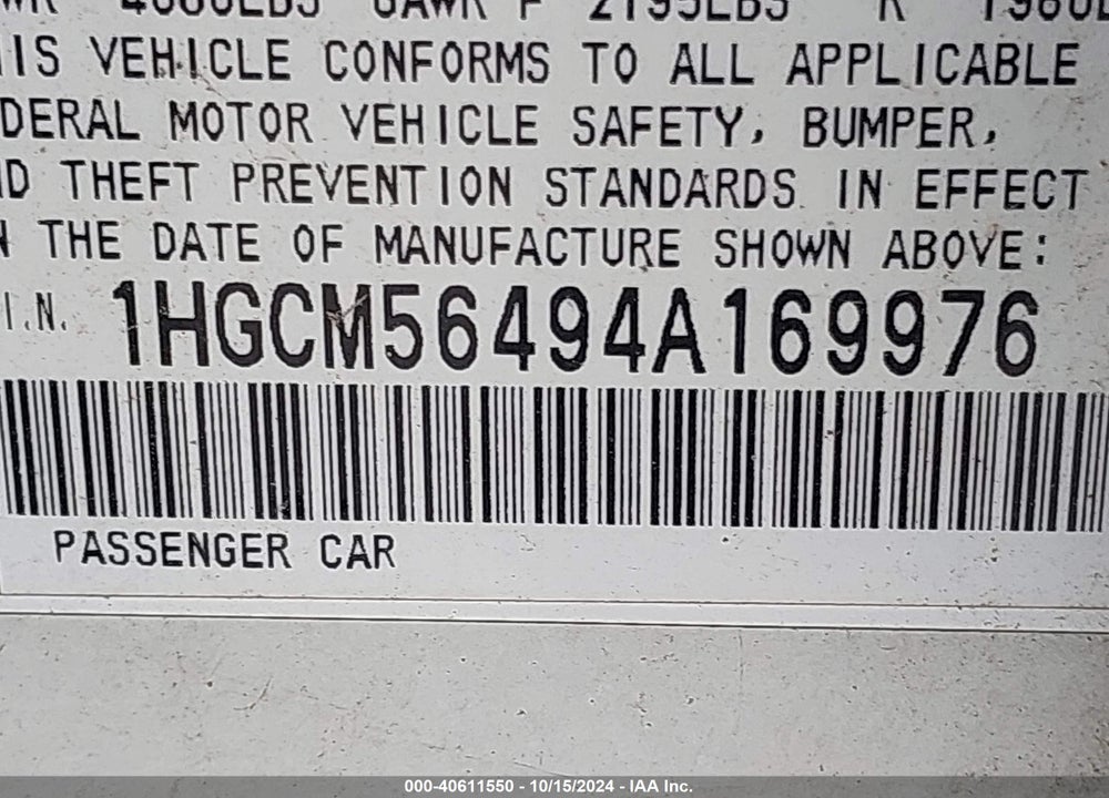 2004 HONDA ACCORD 2.4 LX VIN: 1HGCM56494A169976