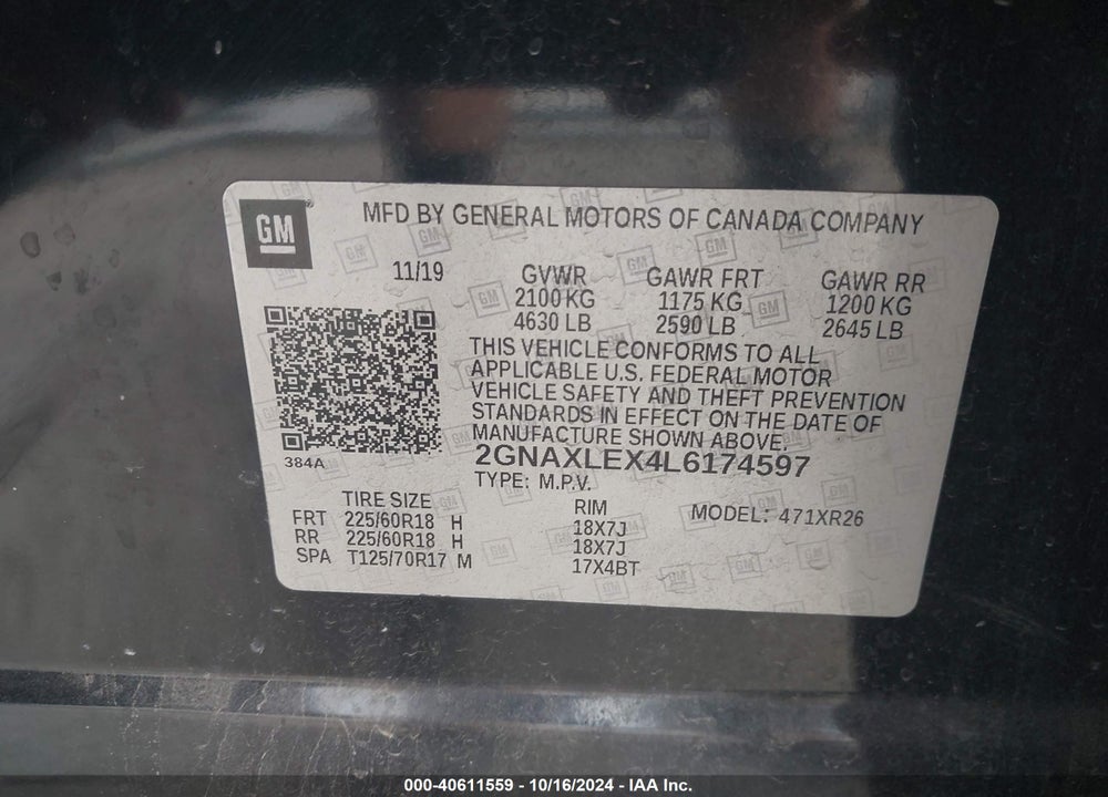 2020 CHEVROLET EQUINOX FWD LT 2.0L TURBO VIN: 2GNAXLEX4L6174597