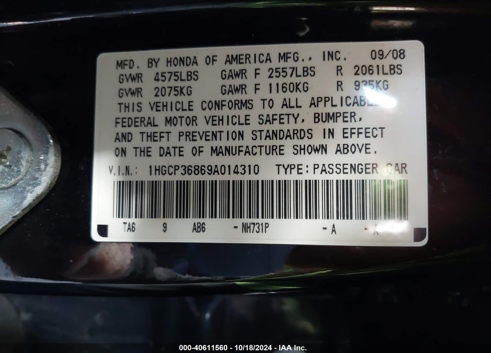 2009 HONDA ACCORD 3.5 EX-L VIN: 1HGCP36869A014310