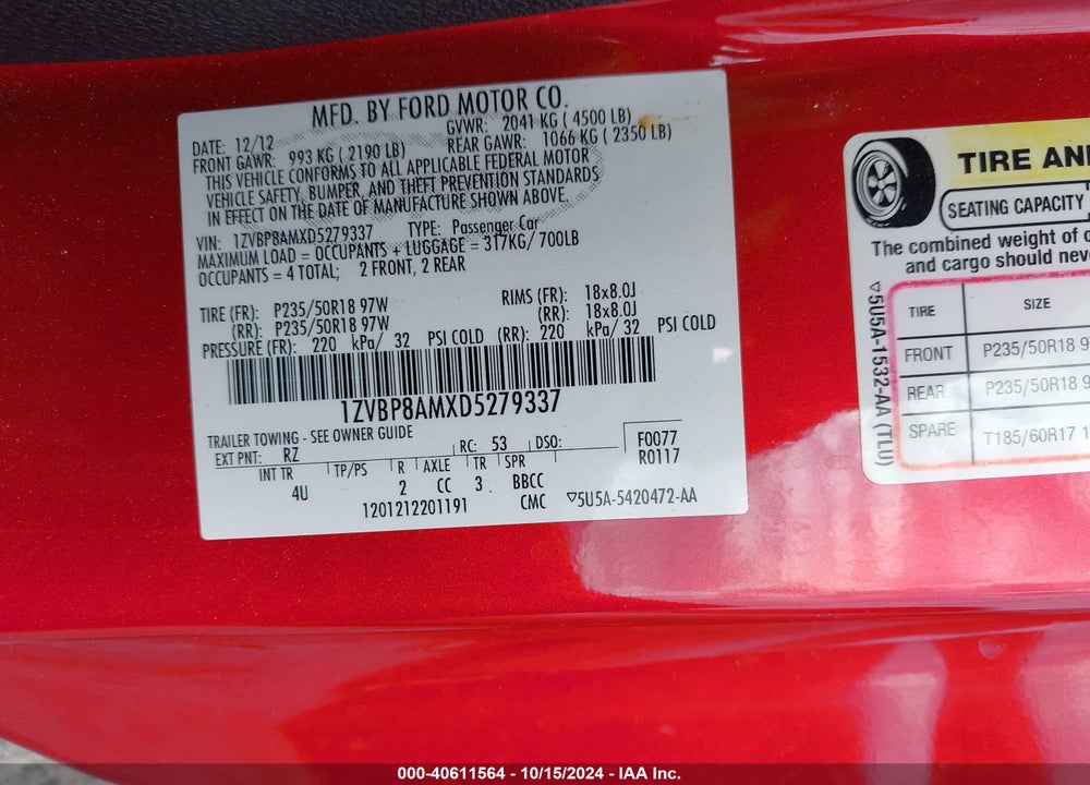 2013 FORD MUSTANG V6 PREMIUM VIN: 1ZVBP8AMXD5279337