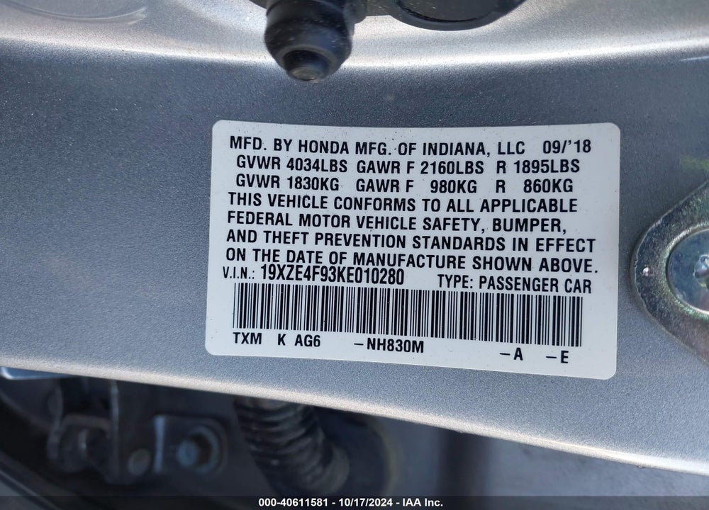 2019 HONDA INSIGHT TOURING VIN: 19XZE4F93KE010280