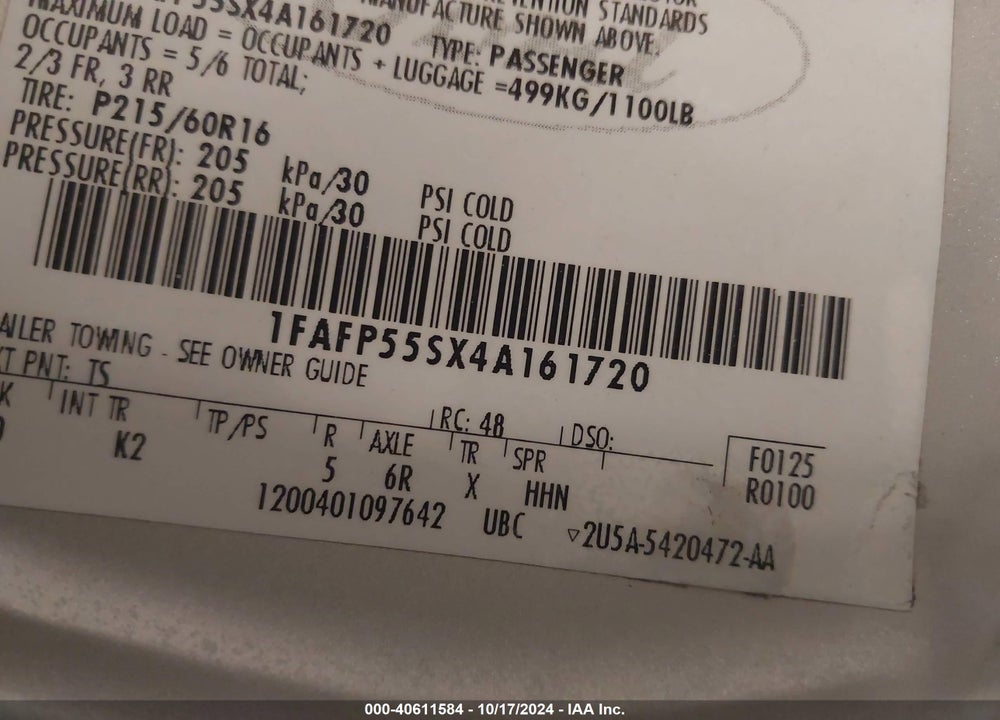 2004 FORD TAURUS SES VIN: 1FAFP55SX4A161720