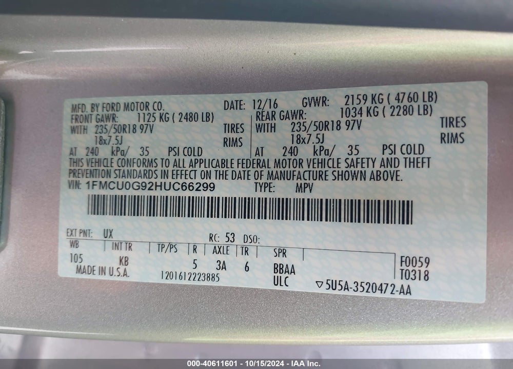 2017 FORD ESCAPE SE VIN: 1FMCU0G92HUC66299