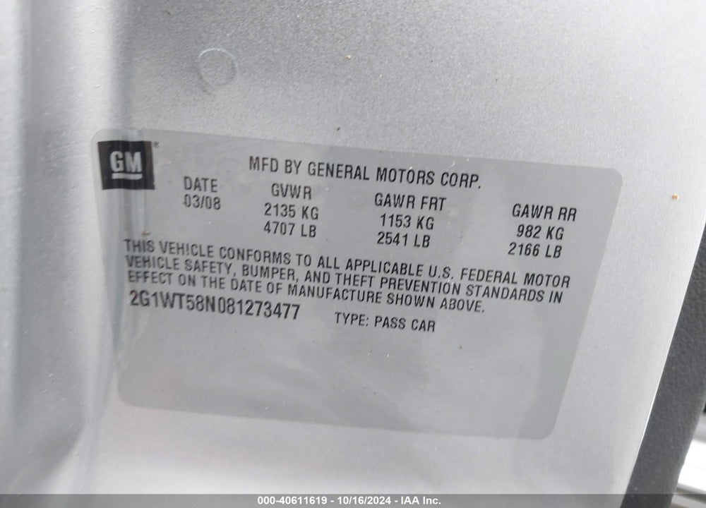 2008 CHEVROLET IMPALA LT VIN: 2G1WT58N081273477