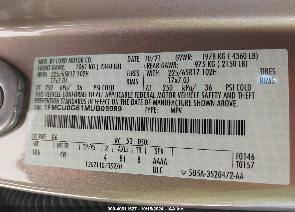 2021 FORD ESCAPE SE VIN: 1FMCU0G61MUB05989