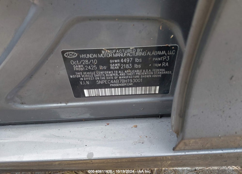2011 HYUNDAI SONATA SE 2.0T VIN: 5NPEC4AB7BH193001