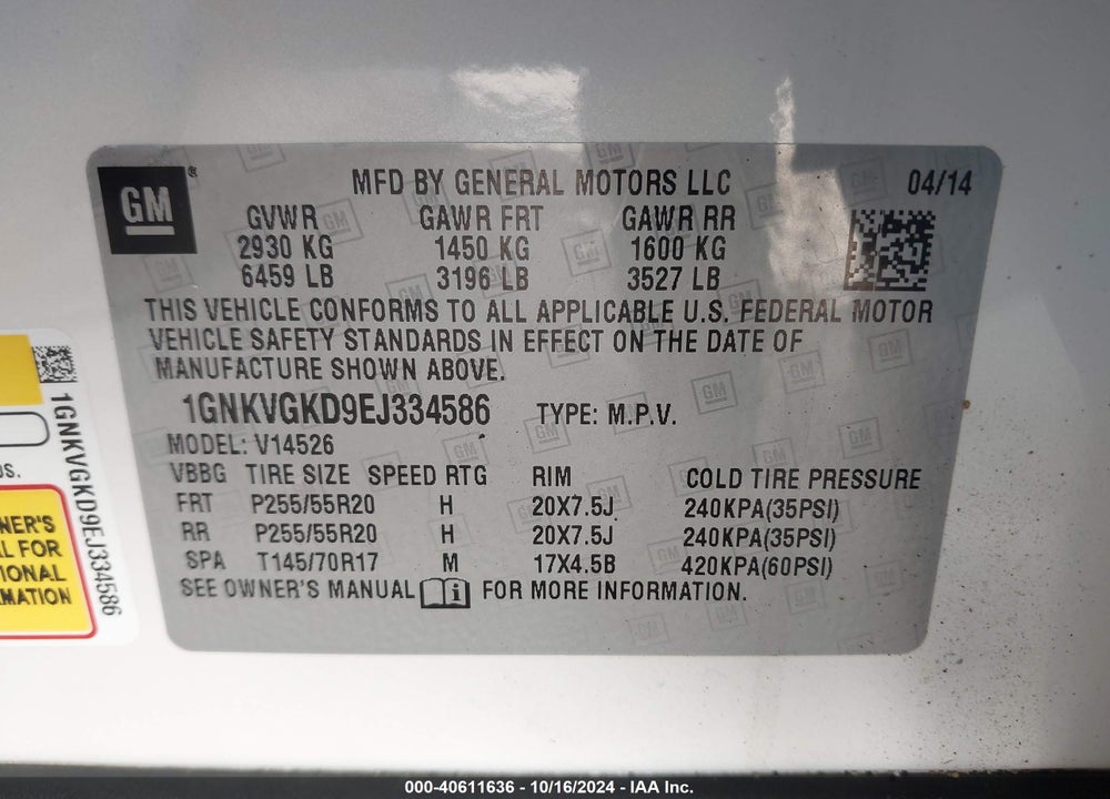 2014 CHEVROLET TRAVERSE 1LT VIN: 1GNKVGKD9EJ334586