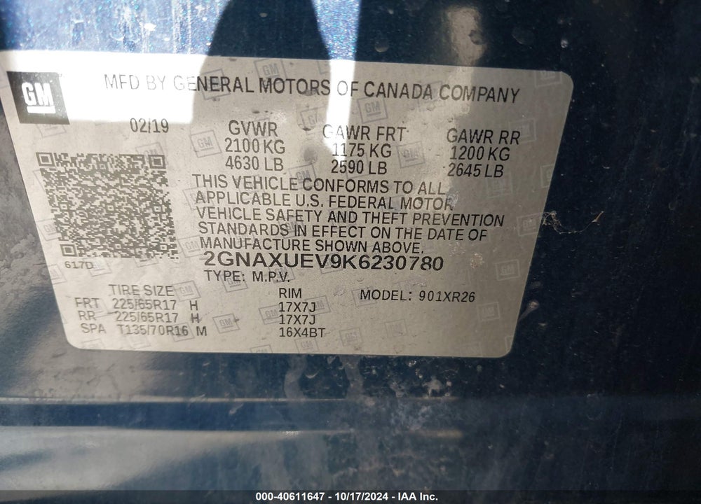 2019 CHEVROLET EQUINOX LT VIN: 2GNAXUEV9K6230780