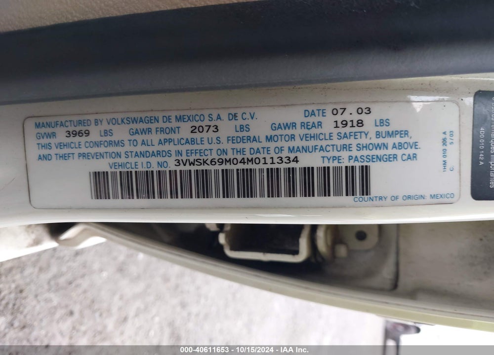 2004 VOLKSWAGEN JETTA GLS 2.0L VIN: 3VWSK69M04M011334
