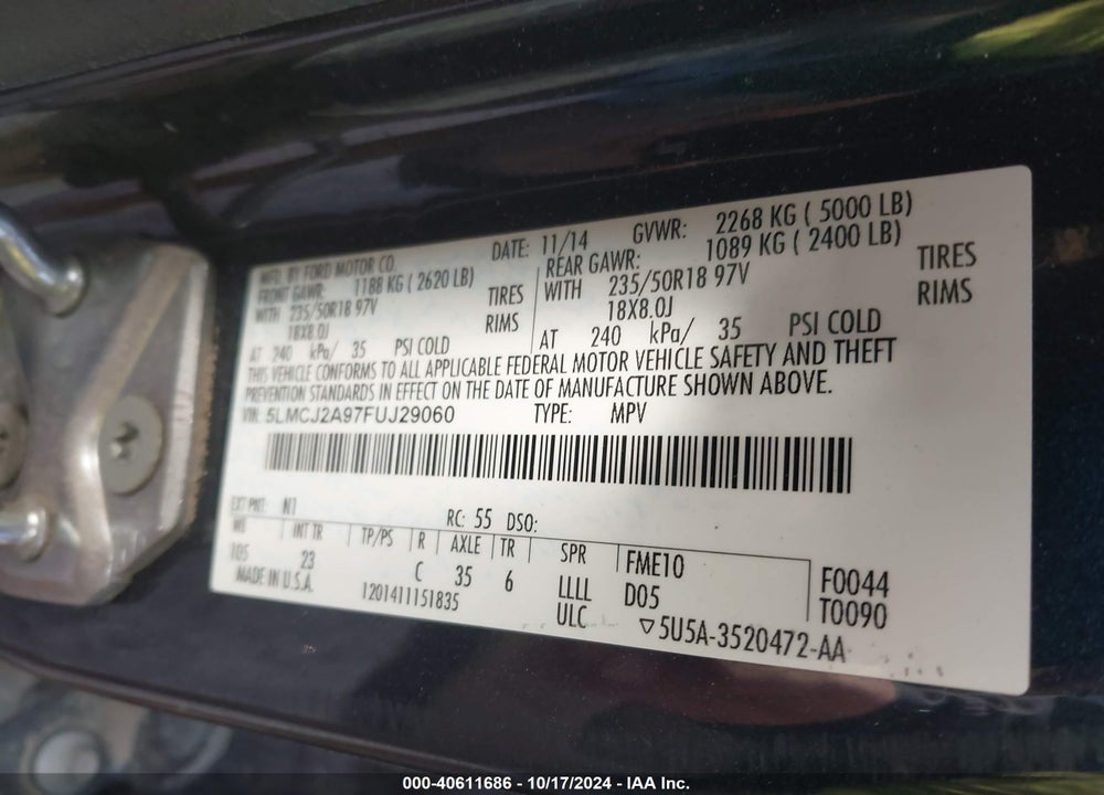 2015 LINCOLN MKC VIN: 5LMCJ2A97FUJ29060