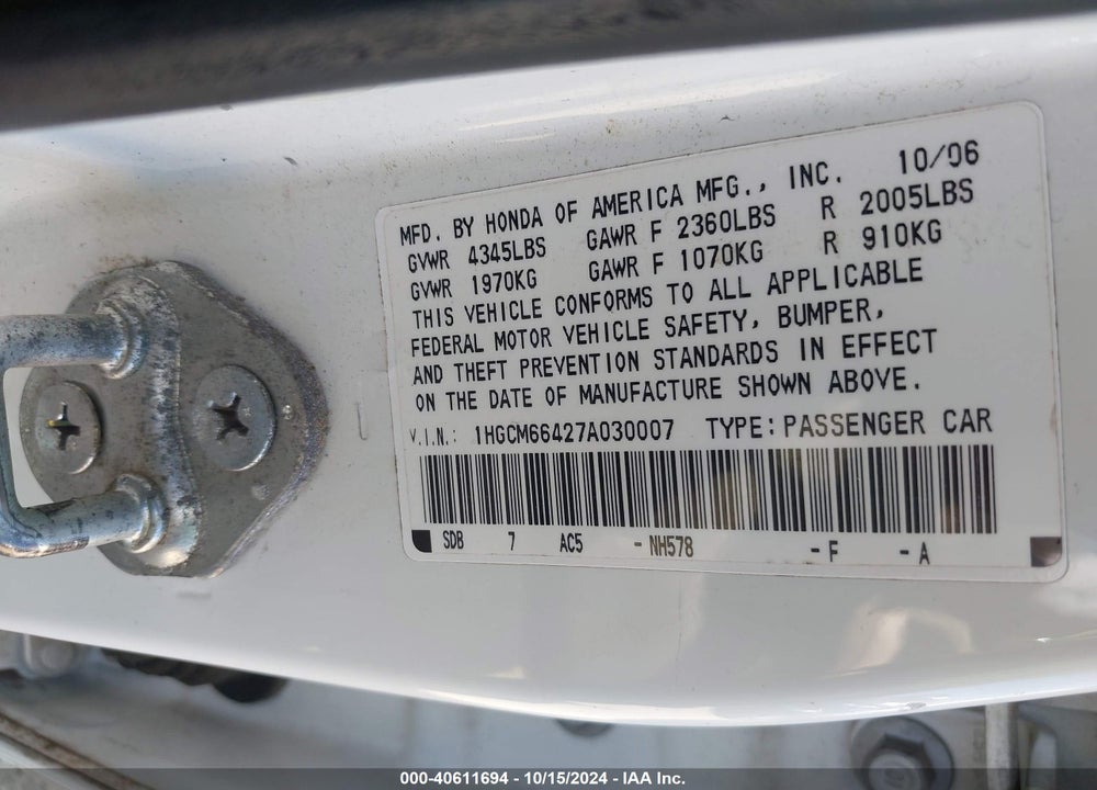 2007 HONDA ACCORD 3.0 SE VIN: 1HGCM66427A030007