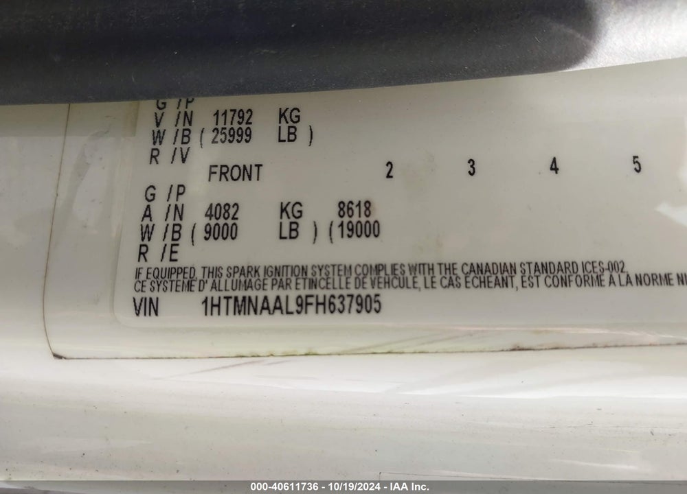 2015 INTERNATIONAL 4000 4300 LP VIN: 1HTMNAAL9FH637905