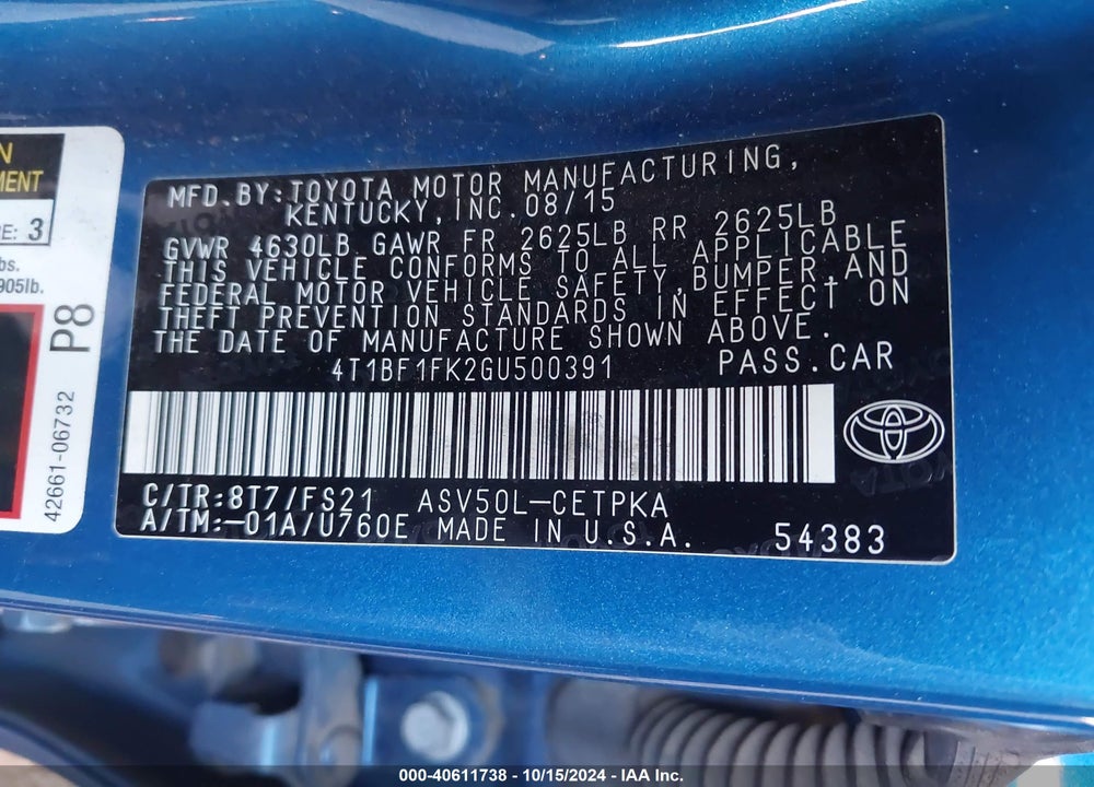 2016 TOYOTA CAMRY SE VIN: 4T1BF1FK2GU500391