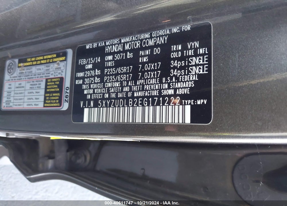 2014 HYUNDAI SANTA FE SPORT 2.4L VIN: 5XYZUDLB2EG171222