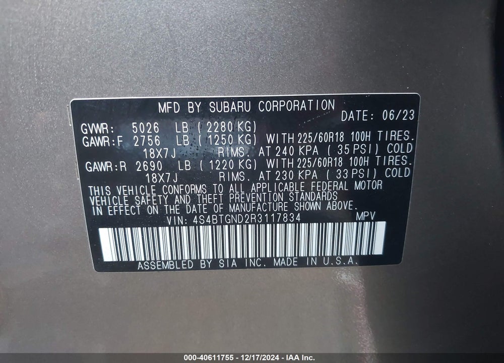 2024 SUBARU OUTBACK LIMITED XT VIN: 4S4BTGND2R3117834