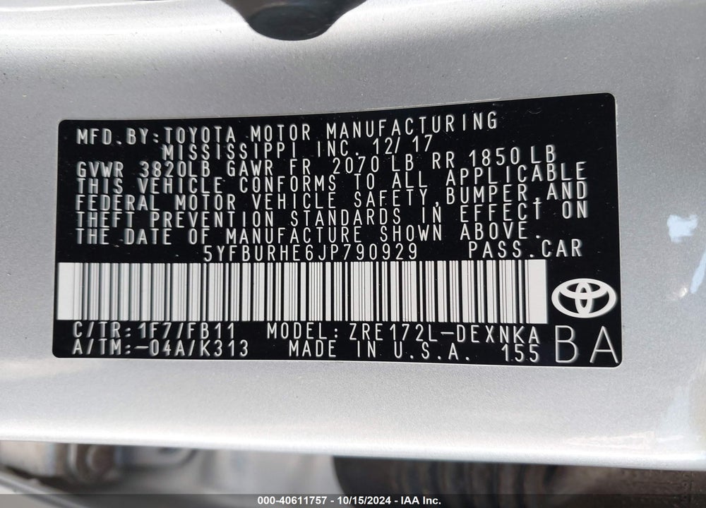 2018 TOYOTA COROLLA LE VIN: 5YFBURHE6JP790929