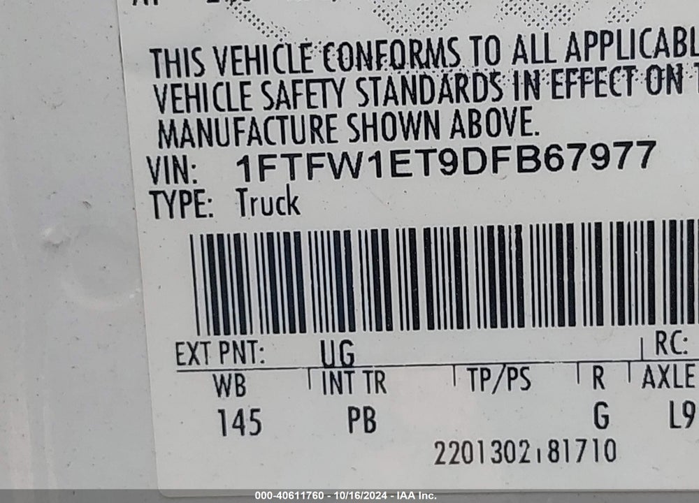 2013 FORD F-150 PLATINUM VIN: 1FTFW1ET9DFB67977