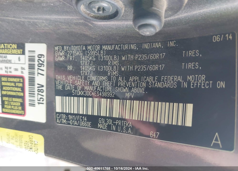 2014 TOYOTA SIENNA LE V6 8 PASSENGER VIN: 5TDKK3DC4ES498992