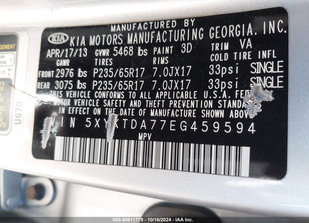 2014 KIA SORENTO LX V6 VIN: 5XYKTDA77EG459594