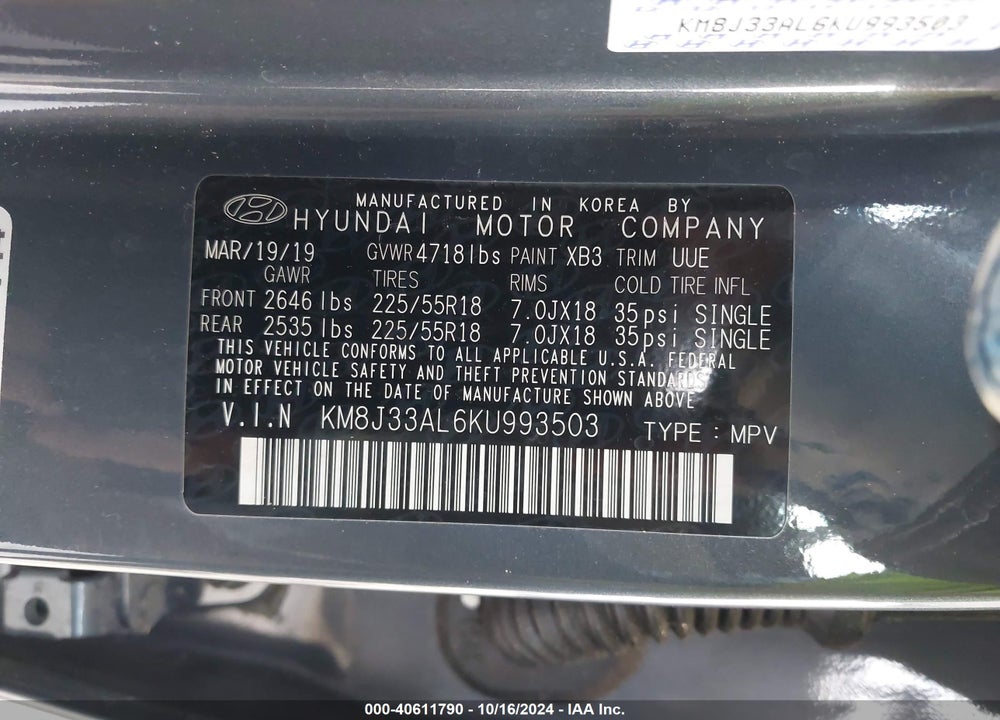 2019 HYUNDAI TUCSON SEL VIN: KM8J33AL6KU993503
