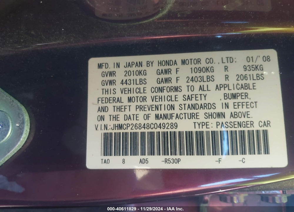 2008 HONDA ACCORD 2.4 EX-L VIN: JHMCP26848C049289