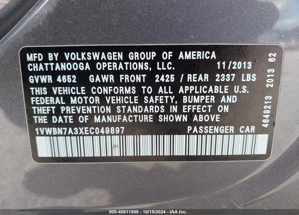 2014 VOLKSWAGEN PASSAT 2.0L TDI SE VIN: 1VWBN7A3XEC049897