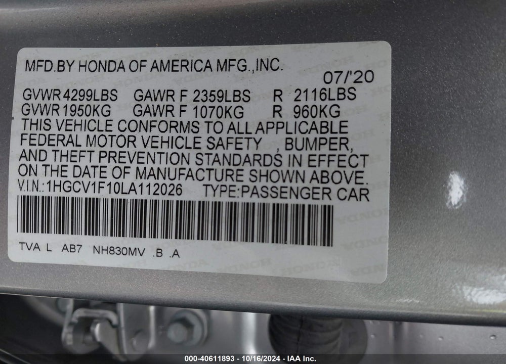 2020 HONDA ACCORD LX VIN: 1HGCV1F10LA112026