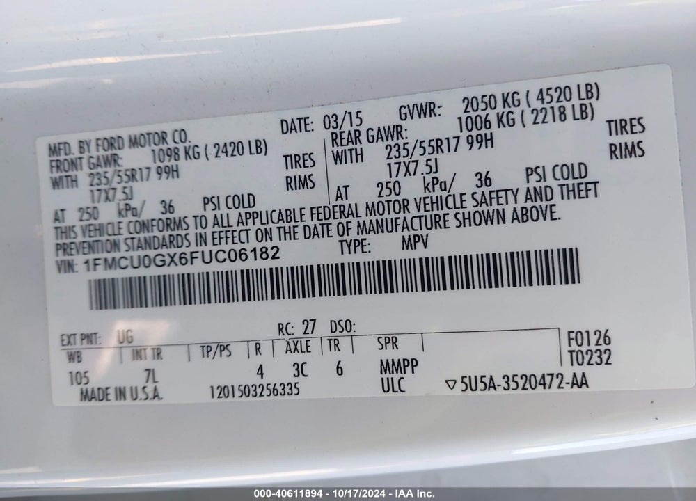 2015 FORD ESCAPE SE VIN: 1FMCU0GX6FUC06182