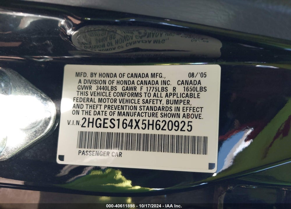 2005 HONDA CIVIC VP VIN: 2HGES164X5H620925