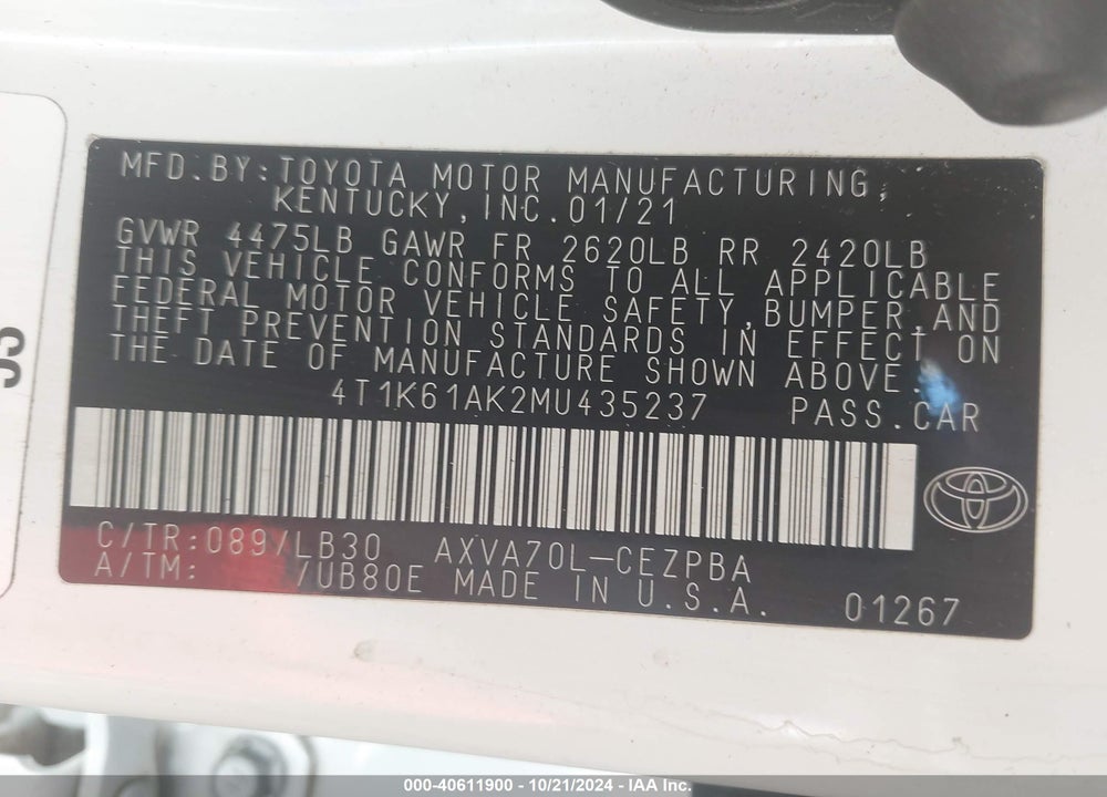 2021 TOYOTA CAMRY XSE VIN: 4T1K61AK2MU435237