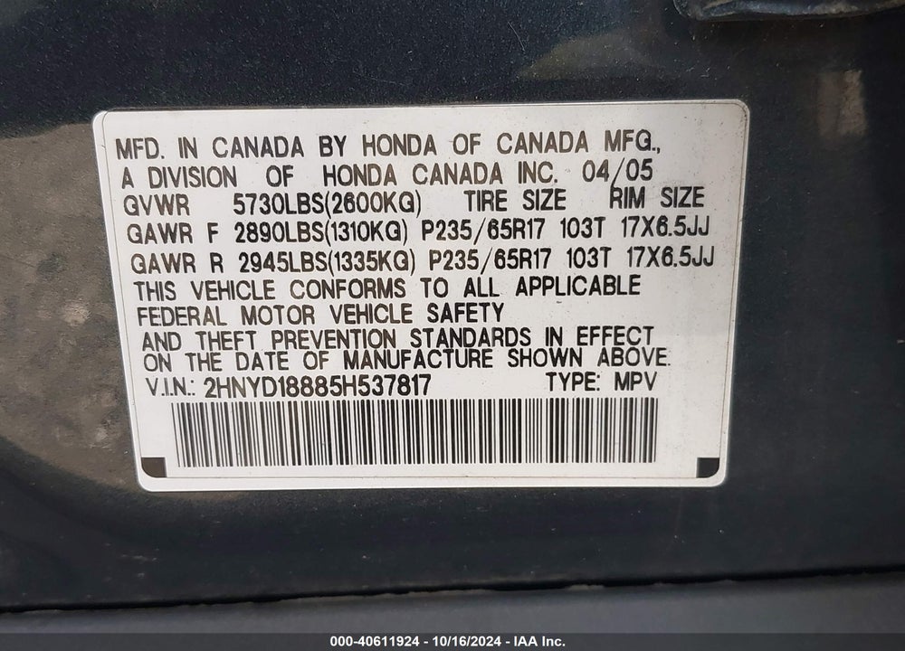 2005 ACURA MDX VIN: 2HNYD18885H537817