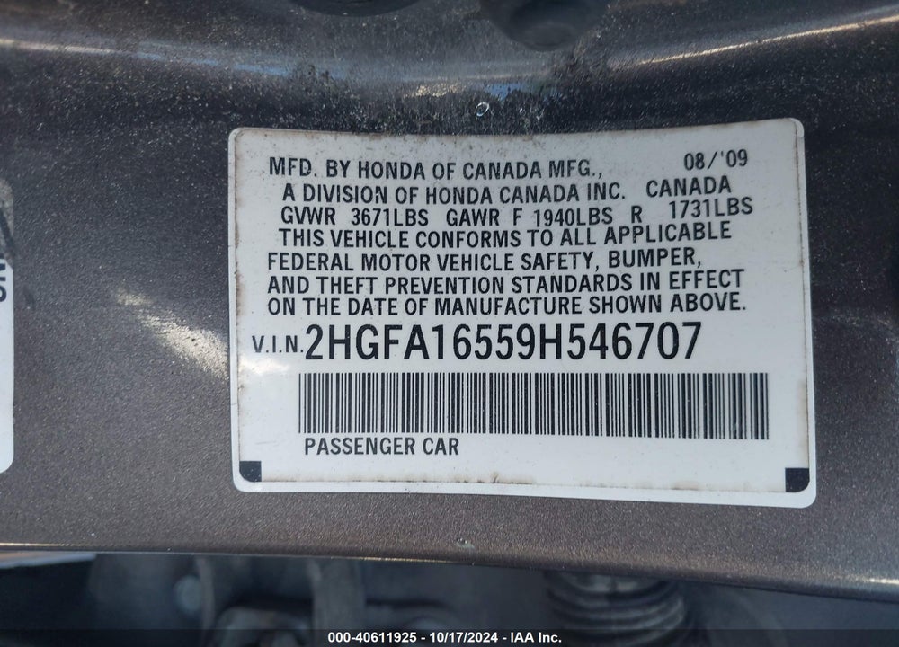 2009 HONDA CIVIC LX VIN: 2HGFA16559H546707