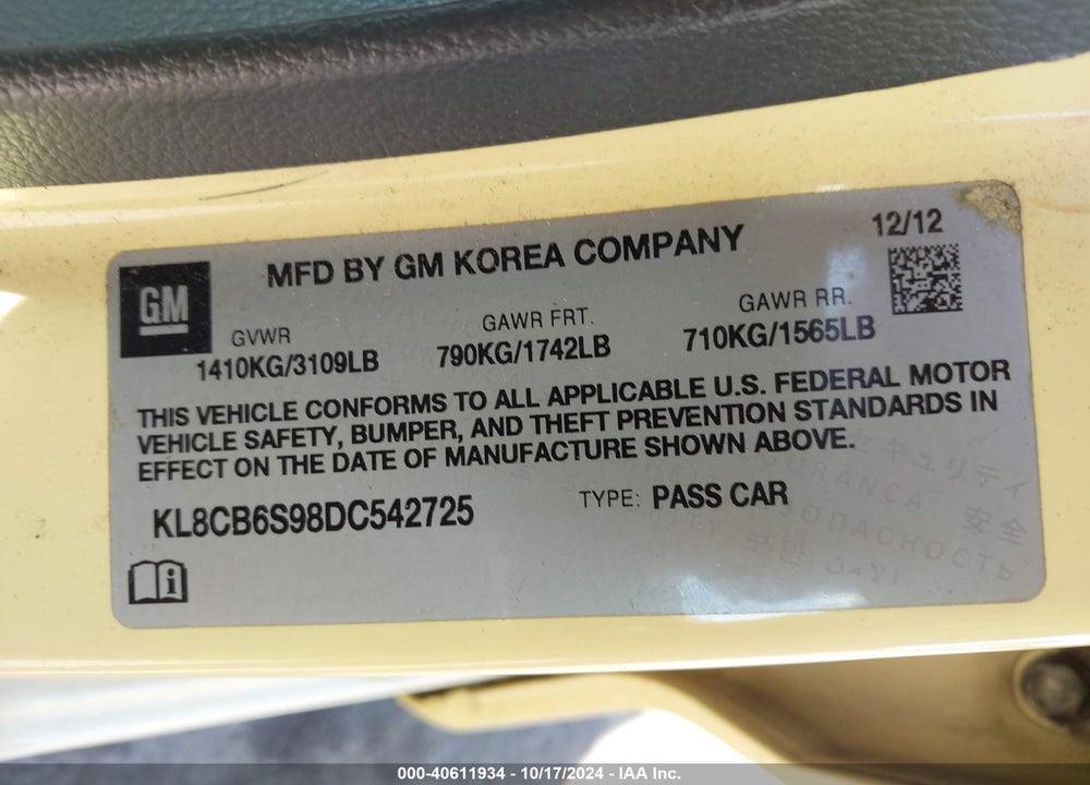 2013 CHEVROLET SPARK LS AUTO VIN: KL8CB6S98DC542725