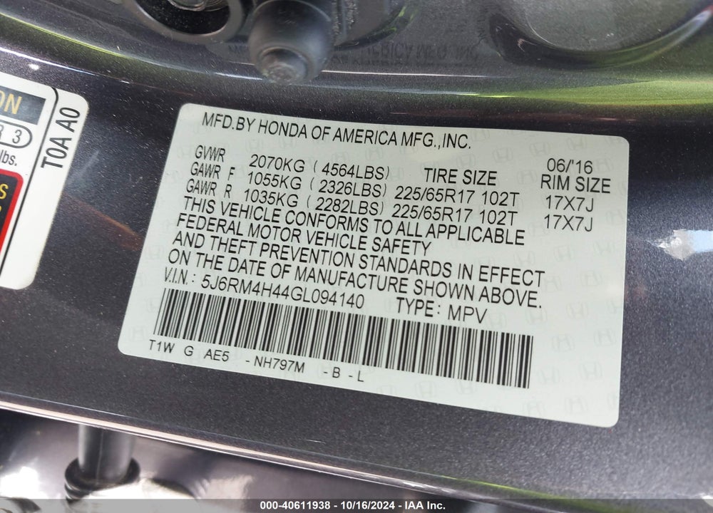 2016 HONDA CR-V SE VIN: 5J6RM4H44GL094140