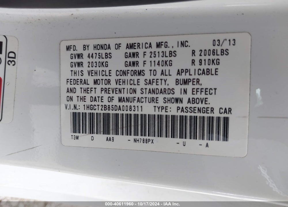 2013 HONDA ACCORD EX-L V-6 VIN: 1HGCT2B85DA008311