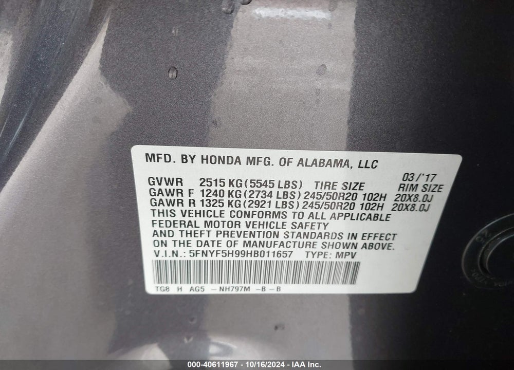 2017 HONDA PILOT TOURING VIN: 5FNYF5H99HB011657