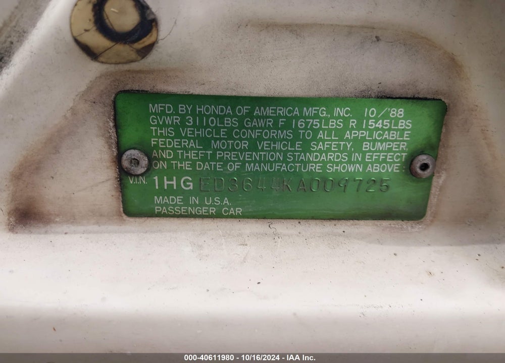 1989 HONDA CIVIC DX VIN: 1HGED3644KA009725