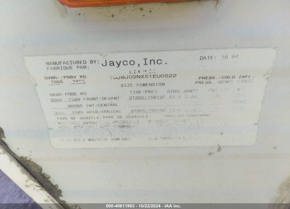 2005 OTHER JAYCO VIN: 1UJBJ02NX51EU0522