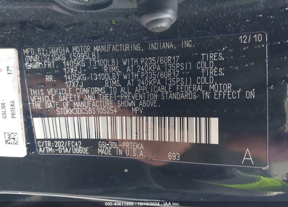 2011 TOYOTA SIENNA LE V6 VIN: 5TDKK3DC5BS105254