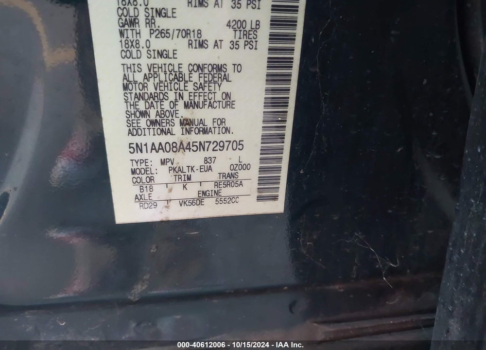 2005 NISSAN ARMADA SE VIN: 5N1AA08A45N729705