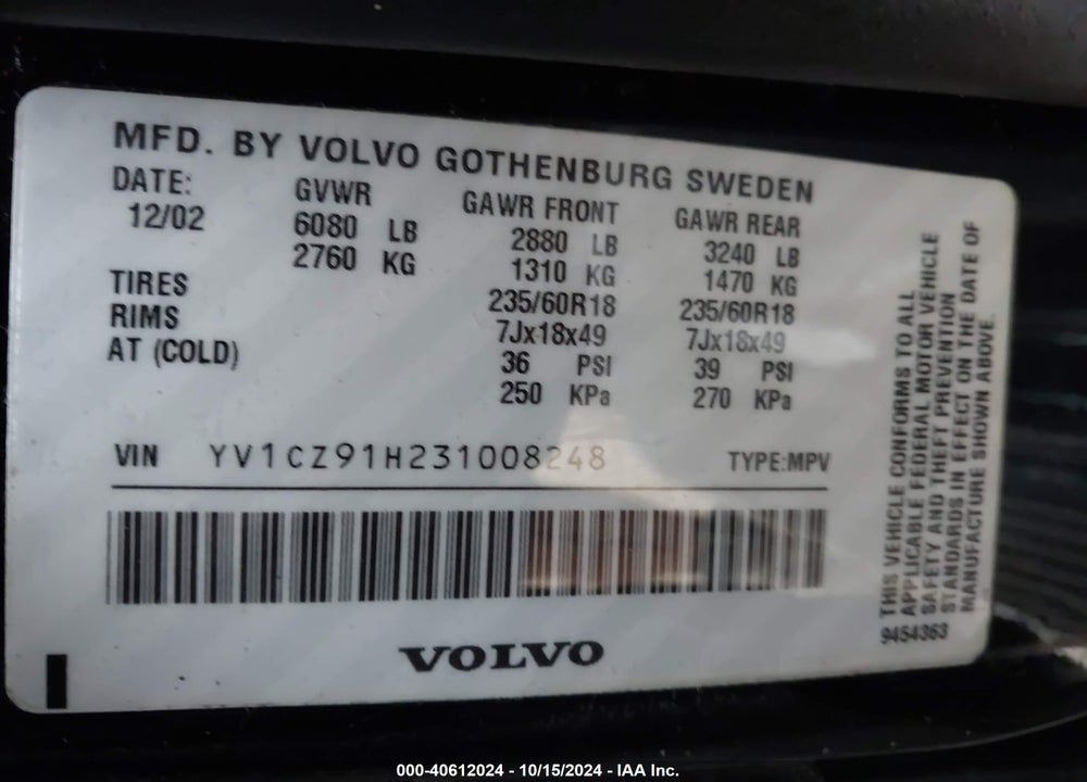 2003 VOLVO XC90 T6 VIN: YV1CZ91H231008248