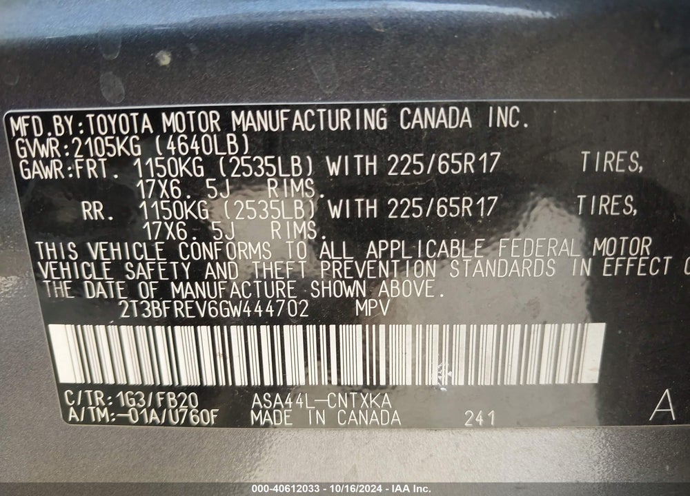 2016 TOYOTA RAV4 LE VIN: 2T3BFREV6GW444702