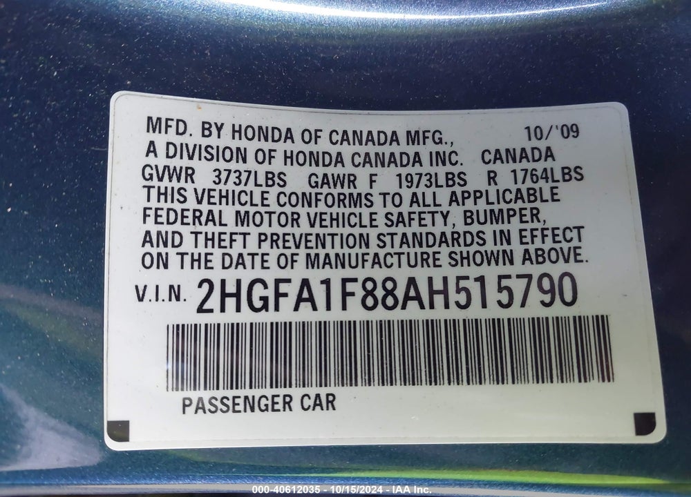 2010 HONDA CIVIC SDN EX VIN: 2HGFA1F88AH515790