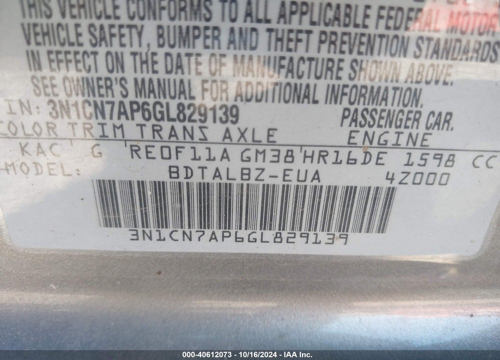 2016 NISSAN VERSA 1.6 S/1.6 S+/1.6 SL/1.6 SV VIN: 3N1CN7AP6GL829139
