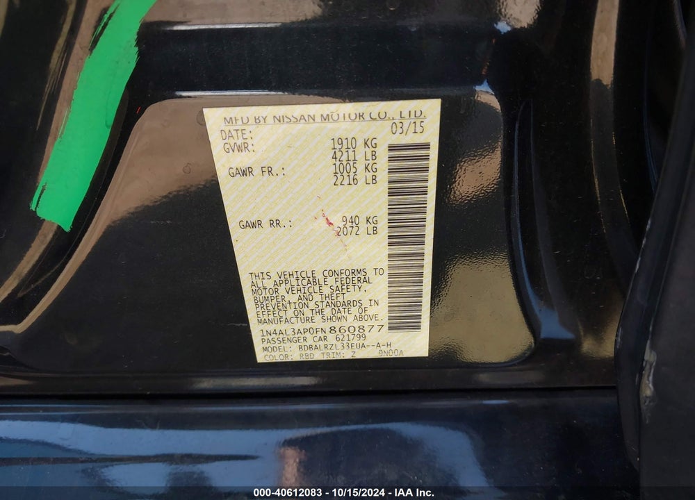 2015 NISSAN ALTIMA 2.5 SL VIN: 1N4AL3AP0FN860877