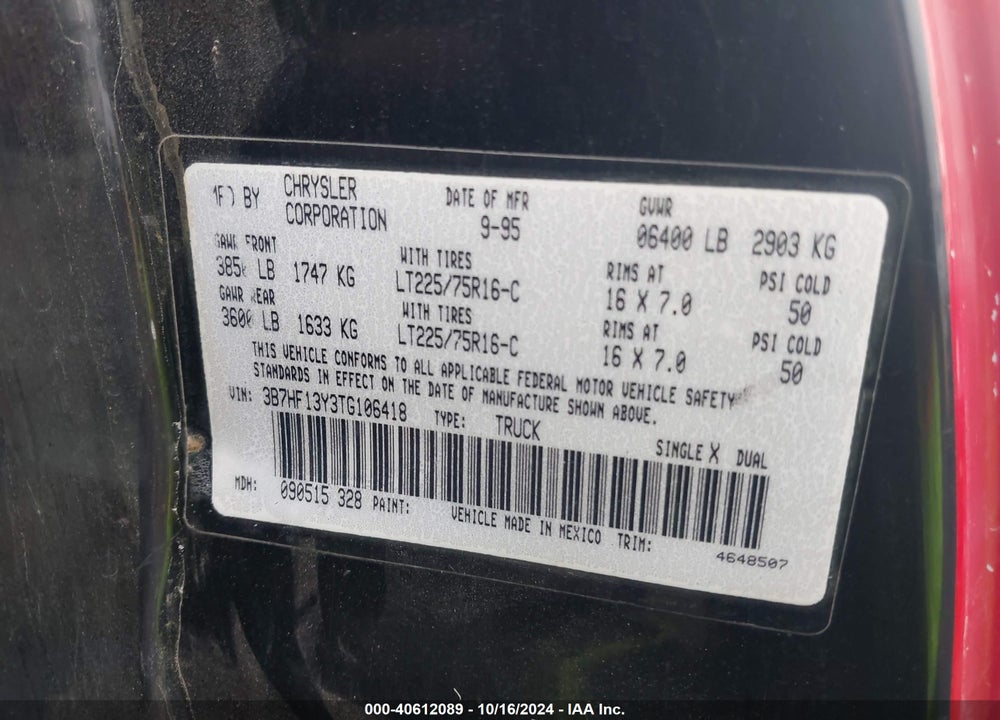 1996 DODGE RAM 1500 VIN: 3B7HF13Y3TG106418