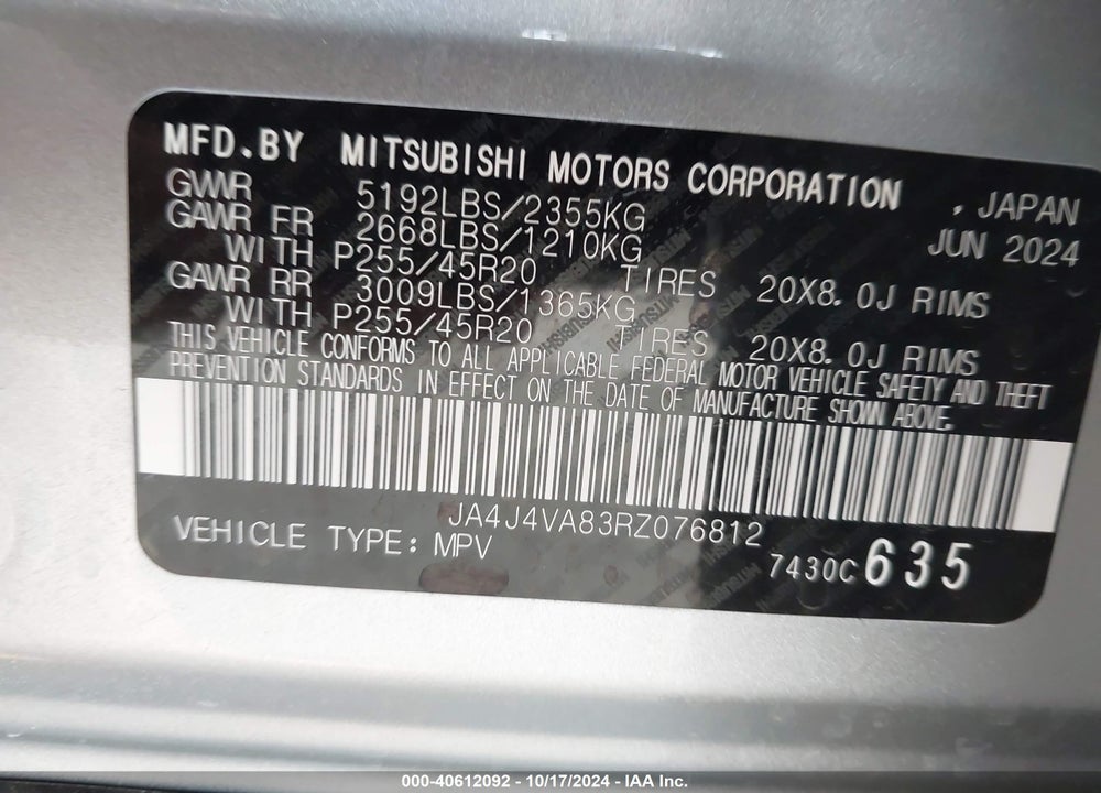 2024 MITSUBISHI OUTLANDER SE 2.5 /SE BLACK EDITION /SE BLACK EDITION W/PANO ROOF /SE RALLIART VIN: JA4J4VA83RZ076812