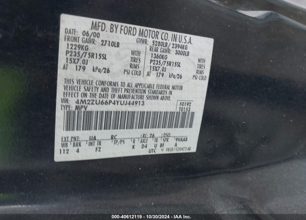 2000 MERCURY MOUNTAINEER VIN: 4M2ZU66P4YUJ44913