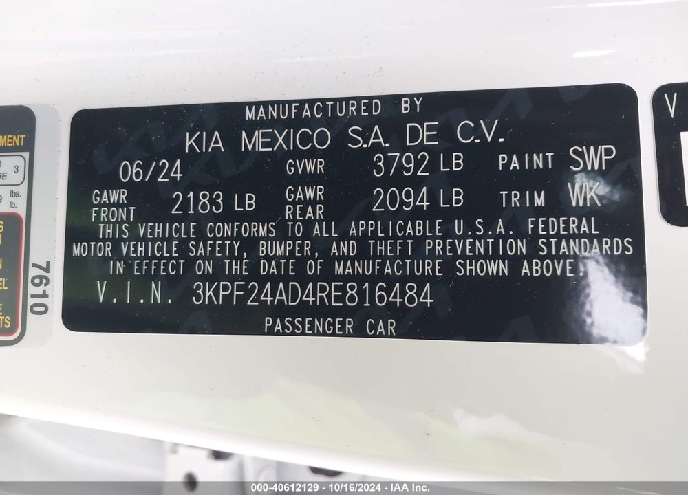 2024 KIA FORTE LXS VIN: 3KPF24AD4RE816484