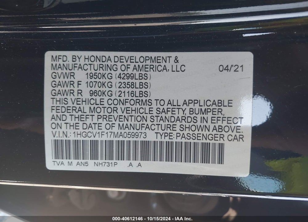 2021 HONDA ACCORD LX VIN: 1HGCV1F17MA059973